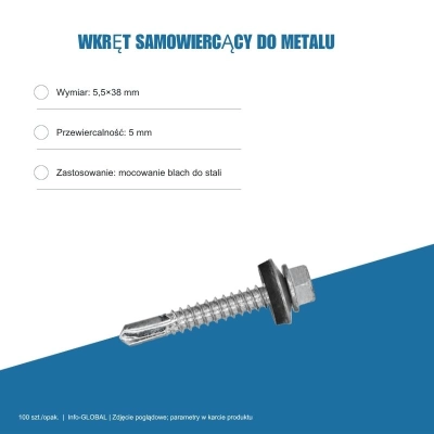 Wkręt samowiercący do metalu 5,5x38 mm, przewiercalność 5 mm, EPDM, 100 szt. – ocynk bez lakieru